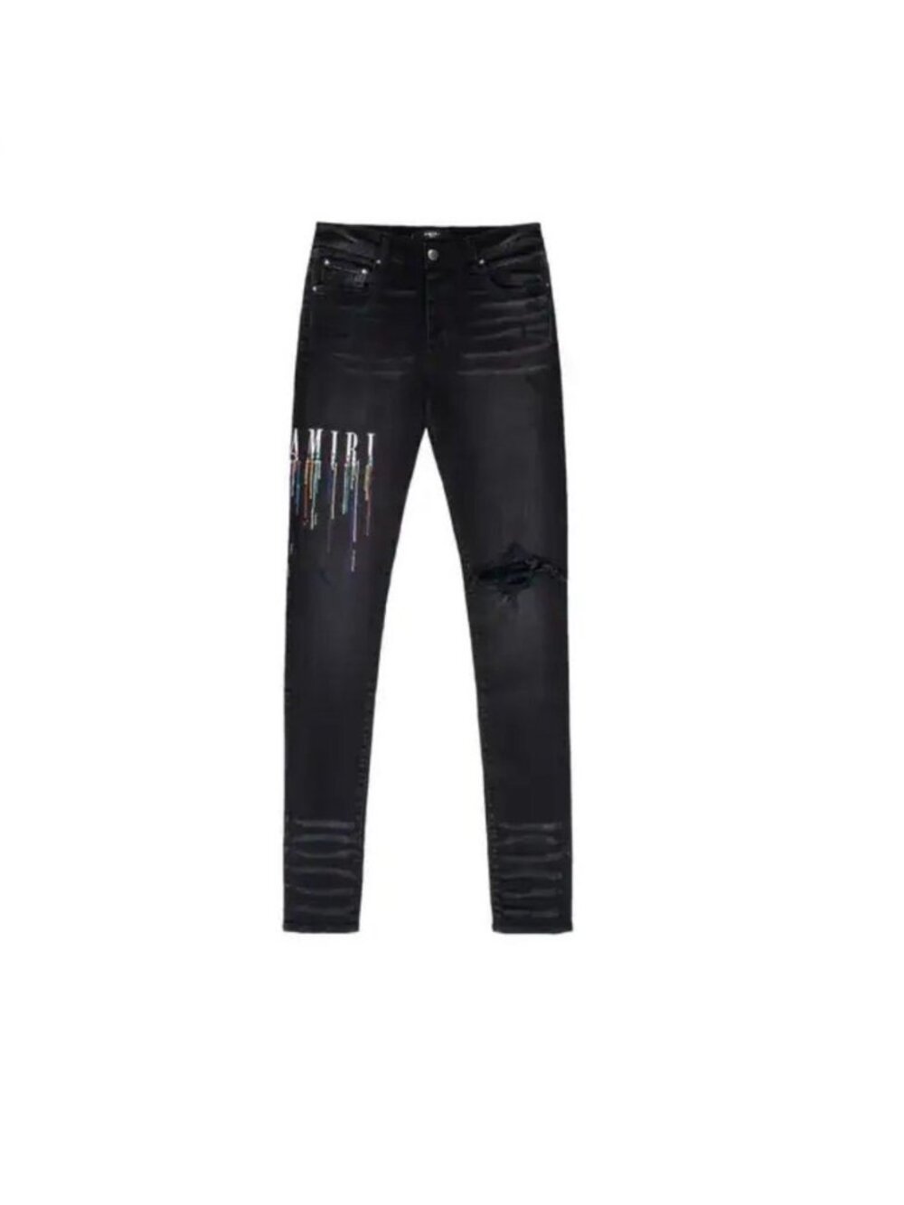 AMIRI Paint Drip Logo Distressed Slim Leg Jeans Mens Size 30 Black Denim N84